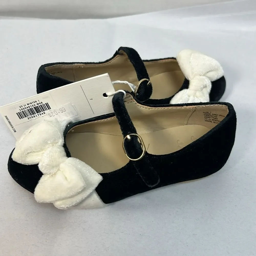 Janie and Jack 100048102 Velvet Bow Ballet Flat Black White Mary Jane NWT
